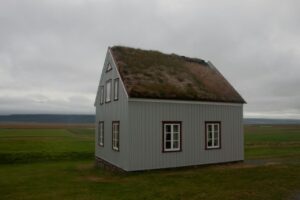 Small house with metal siding and a grass roof