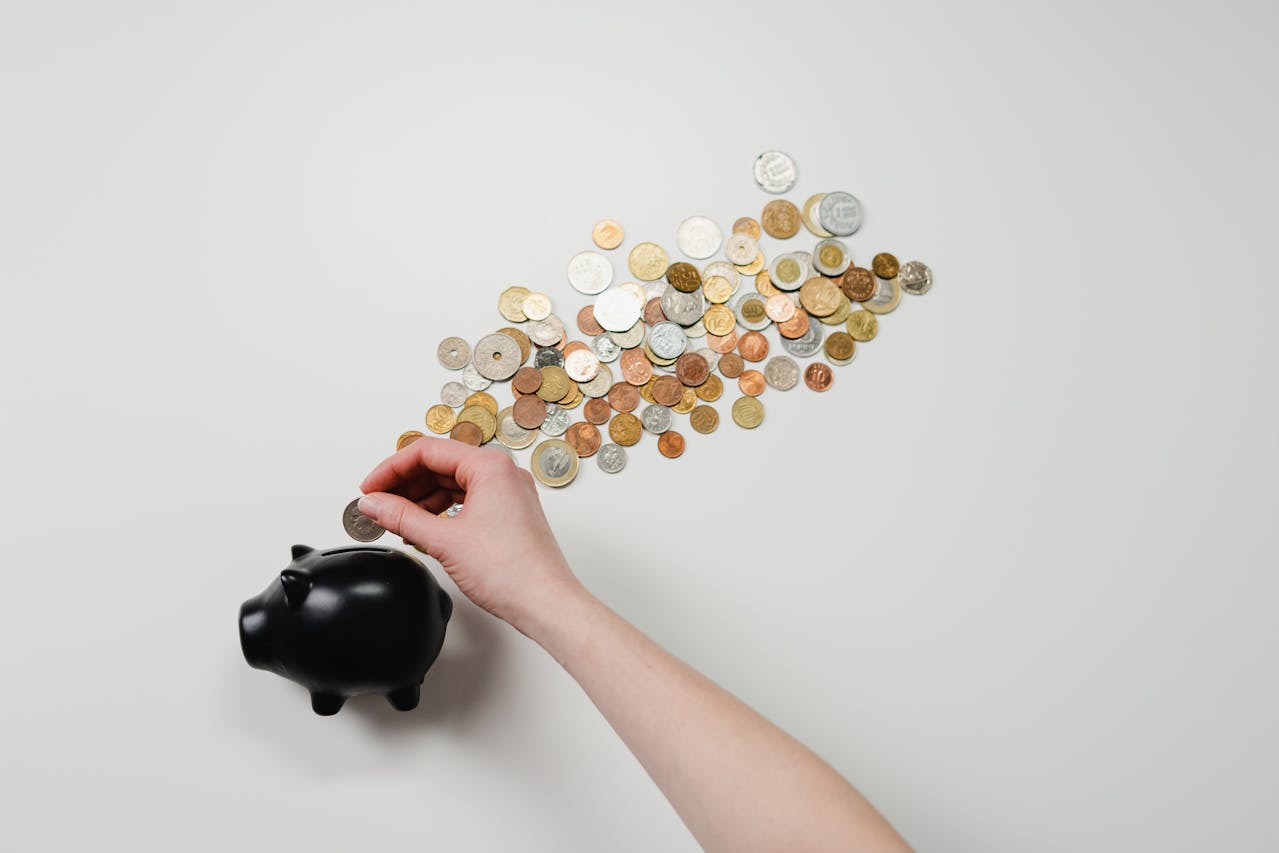 Person putting a coin in a piggy bank